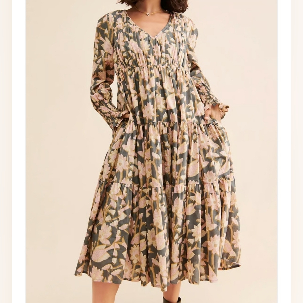Anthropologie Tiered Floral Maxi Dress in Olive & Blush